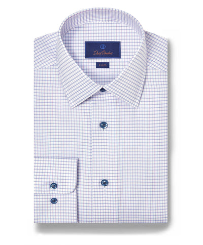 The David Donahue OP Check Dress Shirt (TBSP12821144) features a small blue and purple check pattern, blue buttons, and a “Trim” label. It is neatly folded for a polished look.