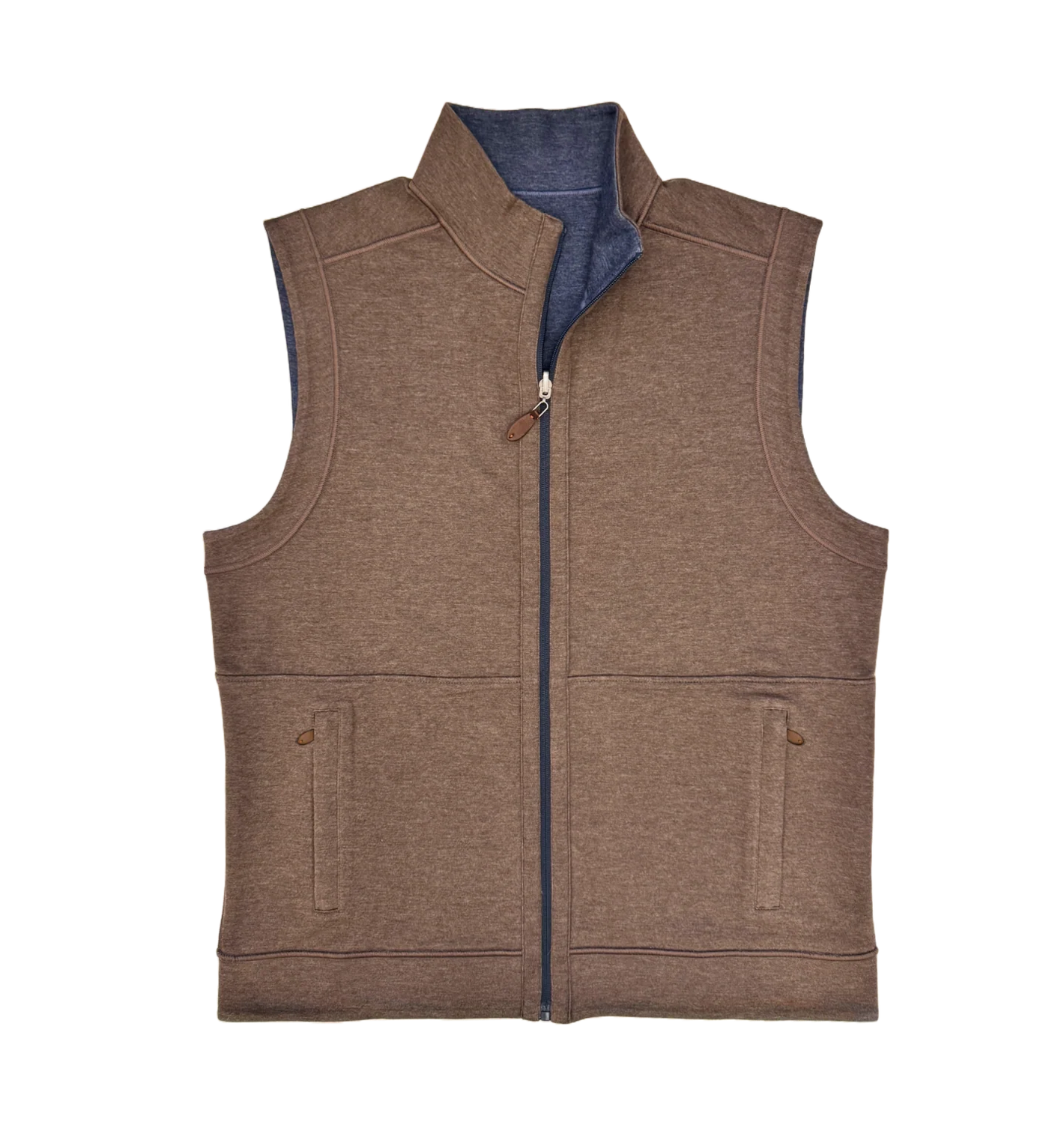 The Batton Hampton Reversible Zip Vest w/ Pocket by Batton is a brown men’s full-zip vest with two front pockets and a stand collar, designed for lightweight warmth and ideal for layering in transitional weather. Shown laid flat on white background.