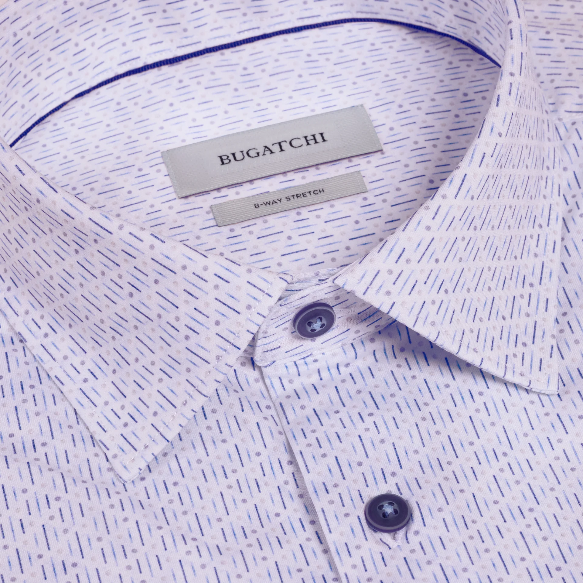 A close-up of the Bugatchi OP James OoohCotton® Shirt JF9216K60 shows its white base with thin blue dashes, buttons, and Bugatchi brand labels inside the collar.