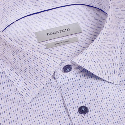 A close-up of the Bugatchi OP James OoohCotton® Shirt JF9216K60 shows its white base with thin blue dashes, buttons, and Bugatchi brand labels inside the collar.