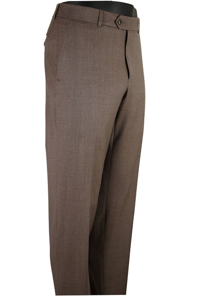 The Ballin Dunhill Pants Big & Tall M5549 by Ballin are brown men's luxury trousers in Super 120's wool gabardine with a straight-leg fit, side pockets, belt loops, and front button-zip closure, shown waist-down on a mannequin.