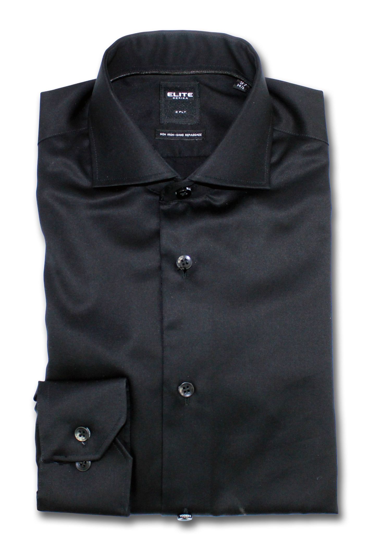 A neatly folded black long-sleeve dress shirt with a button-down front and a spread collar, displayed against a white background.
