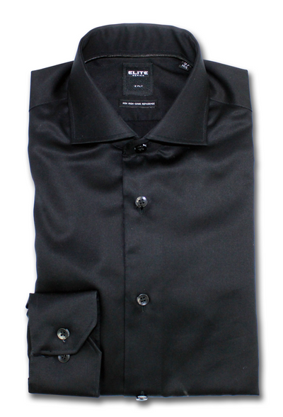 A neatly folded black long-sleeve dress shirt with a button-down front and a spread collar, displayed against a white background.