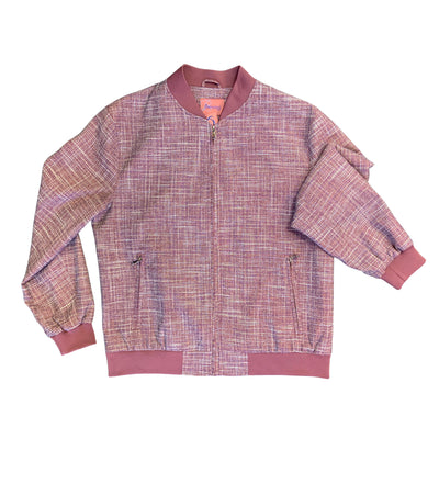 The Enzo Marlow Jacket B79735 by Enzo is a mauve and pink zip-up with a textured plaid-like pattern, made from OoohCotton fabric. It features ribbed cuffs and hem, two front zippered pockets, and is shown on a white background.