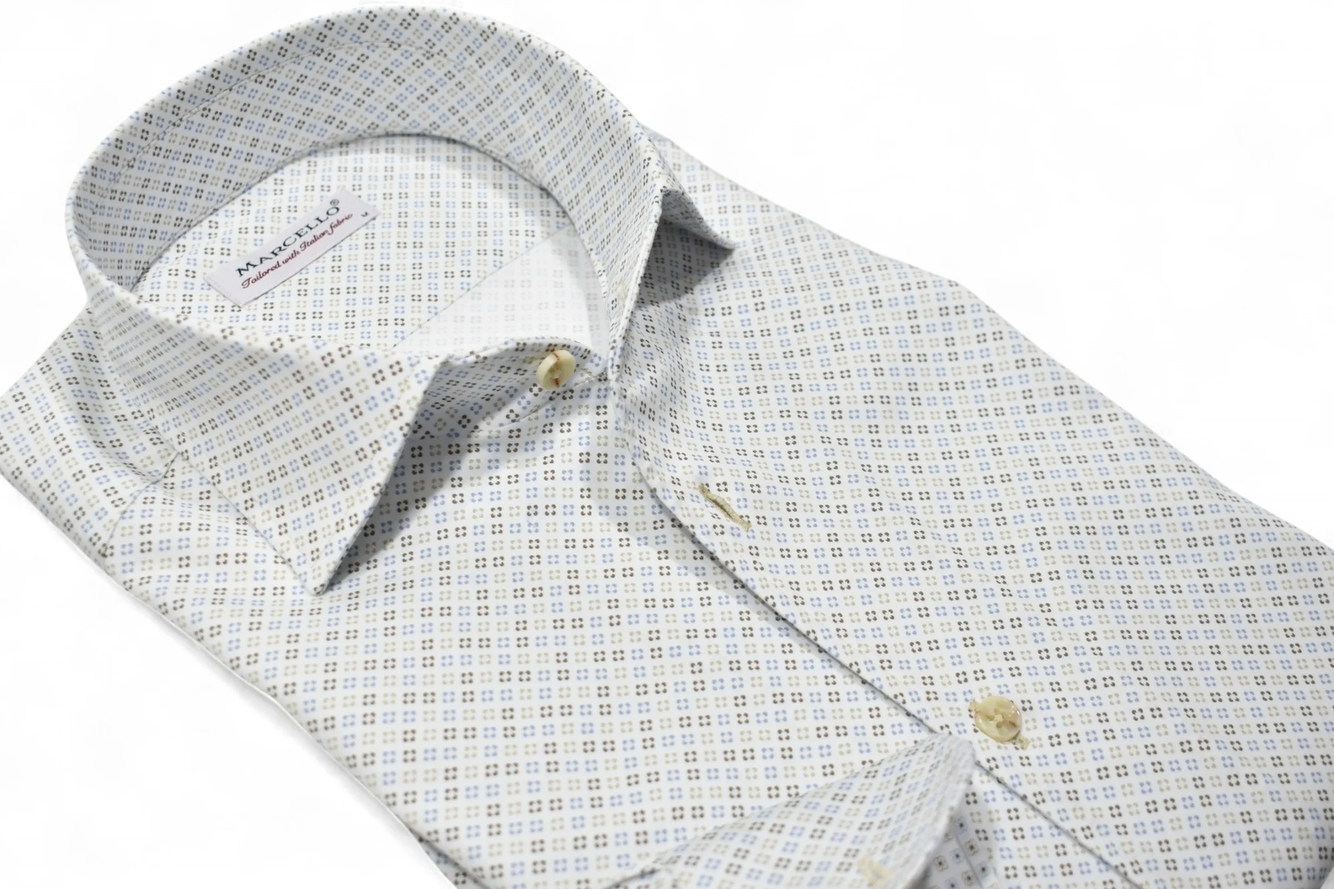 The Marcello OP Colored Bracket Medallion Sport Shirt W104 is a long-sleeve cotton sateen shirt by Marcello, featuring a blue and tan geometric pattern on white, with a classic one-piece collar and tan buttons.