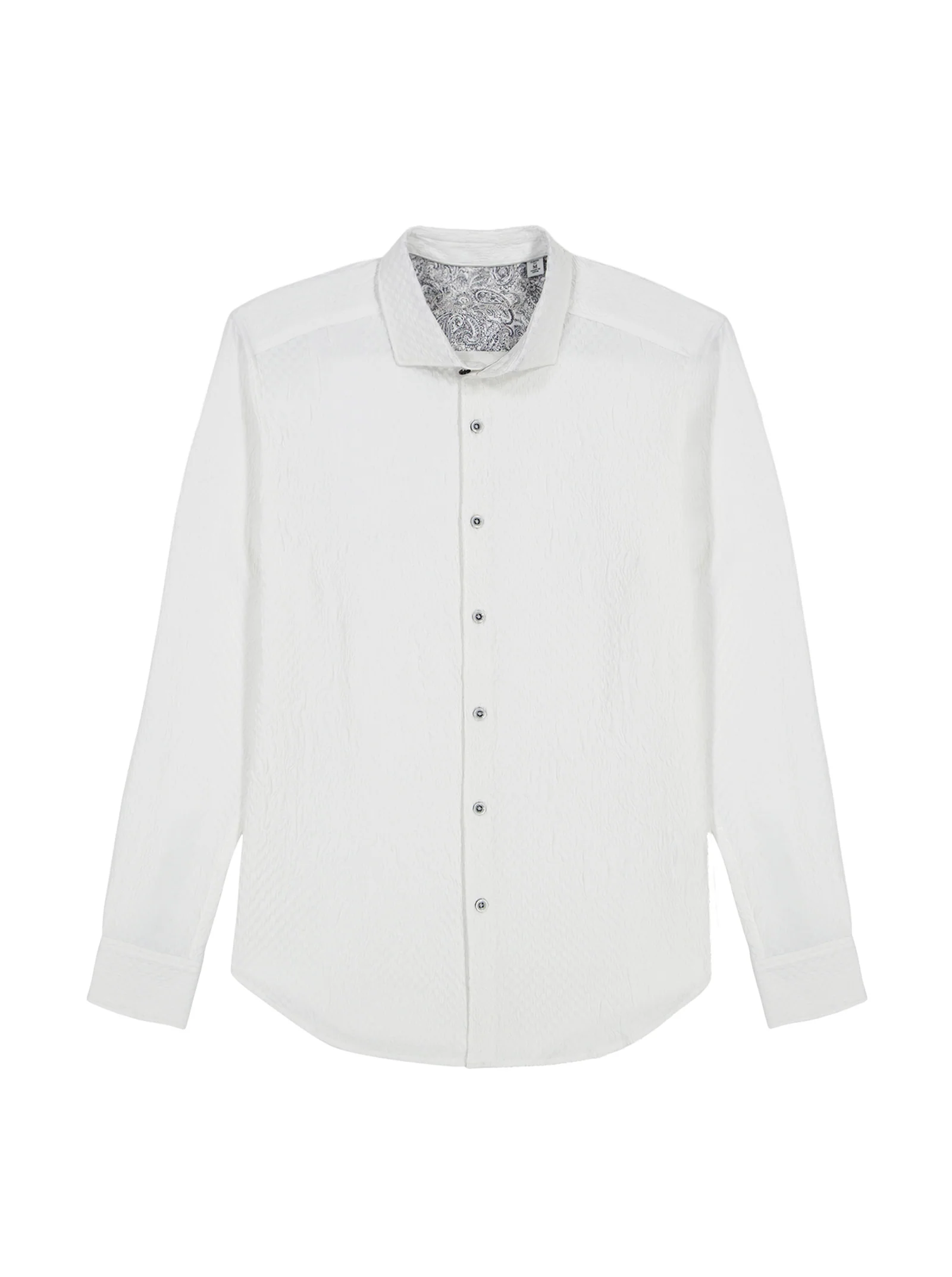 The Robert Graham Devonshire Woven Shirt—a long-sleeve white button-up with a collared neckline—features a floral paisley jacquard textured fabric and a subtly patterned inner lining, shown laid flat on a white background.