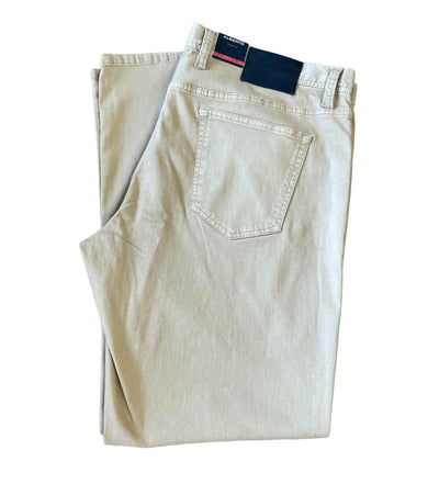 A pair of Alberto Jeans Pipe 1489 in light beige premium denim, neatly folded to display the back pocket and a black waistband label with red and white accents. Features T-400 Elasticity by Alberto for ultimate comfort.