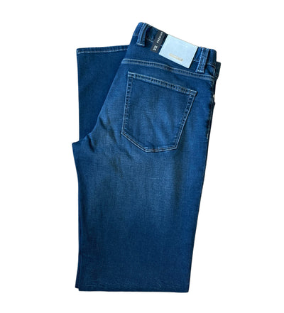 The Alberto Pipe Denim 1367 jeans by Alberto are regular fit, lightweight blue denim with a visible back pocket and waistband, shown folded on a white background.