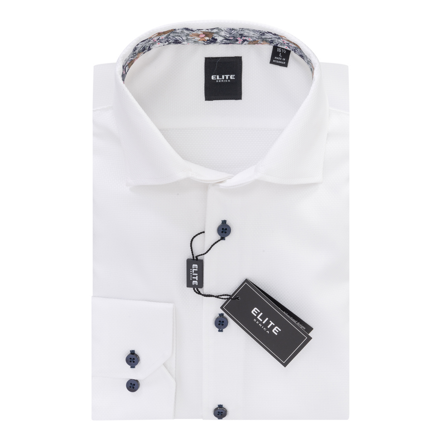 The Elite Textured White Sport Shirt ESP2559061 by Elite, made from 100% cotton with navy buttons and tags attached, is shown folded on a white background.