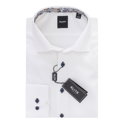 The Elite Textured White Sport Shirt ESP2559061 by Elite, made from 100% cotton with navy buttons and tags attached, is shown folded on a white background.