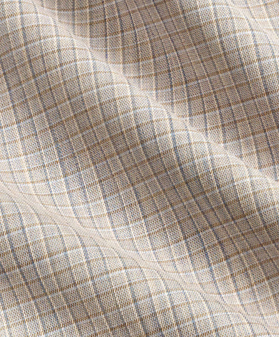 Close-up of the David Donahue Mini Plaid Shirt CBSM11826, featuring a beige and light blue woven cotton texture with gentle folds—ideal for understated elegance.