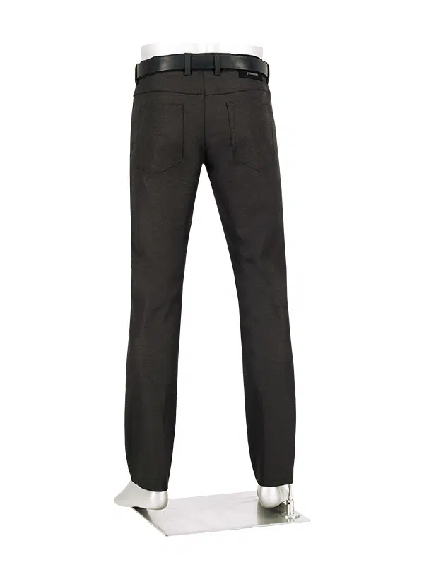 The back view of the Alberto Pipe Melange Birdseye Pant 1638 by Alberto, styled with a black belt and showcased on a mannequin standing on a metal platform against a white background.