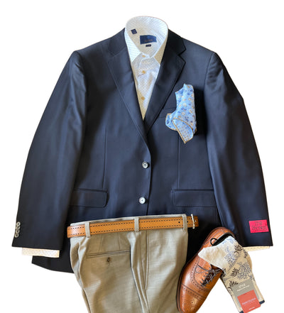 The Byron Contemporary Blazer 9032 by Byron, paired with a white dress shirt, blue patterned pocket square, tan belt, khaki pants, and brown dress shoes with tags, creates a timeless men's flat lay look.