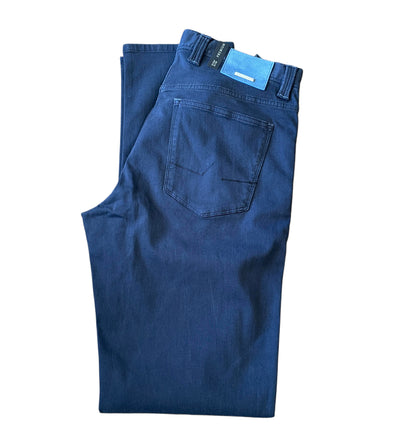 A pair of Alberto Pipe Stretch Denim 1764 jeans by Alberto, crafted from premium stretch denim in dark blue, folded with a visible back pocket and tags attached, displayed on a white background.
