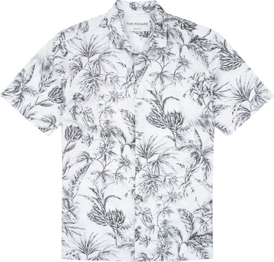The Tori Richard Cotton Gingerly Big & Tall Shirt 0700M0305 features a short-sleeve, button-up design with a black and white tropical floral print.