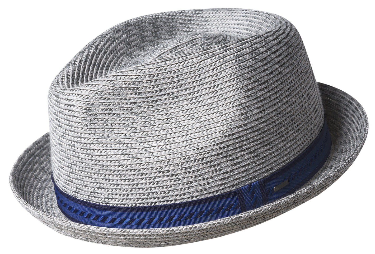 The Bailey Mannes Hat by Baileys is a gray woven fedora with a teardrop crown and blue ribbon band, inspired by classic 1922 snap brim designs.