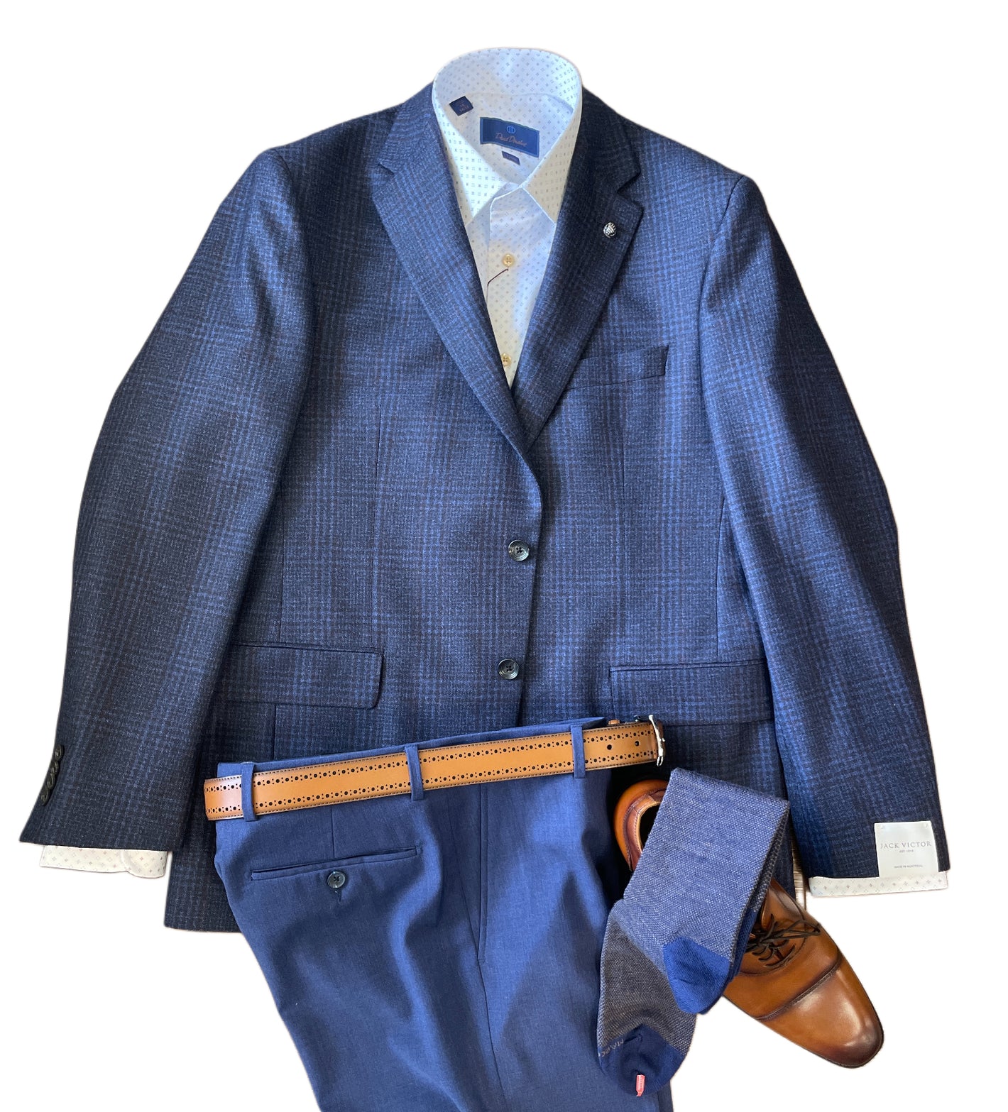 Navy blue suit with a light patterned shirt, matching trousers, and a Jack Victor Plaid Sport Coat 1252106, paired with a brown leather belt, blue socks, and brown leather dress shoes arranged on a white background.