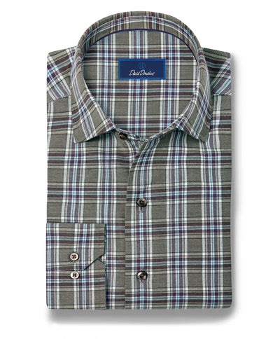 The David Donahue Plaid Cotton Shirt CMSW13828 is a folded, long-sleeve button-up shirt featuring a green, gray, white, and blue plaid pattern. Crafted from soft Pima cotton, it is displayed on a white background.
