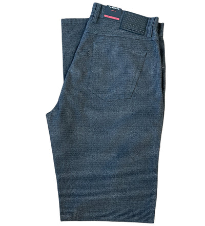 The Alberto Stone Mini Check Smart Wool Pants 1625 by Alberto are dark gray, wrinkle-resistant pants with a back pocket and waistband label, offering comfort and a tailored style ideal for smart dressing.