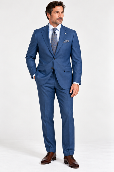 A man wearing a Jack Victor Napoli Suit - Lagoon 3262019, light blue dress shirt, patterned tie, pocket square, and brown leather dress shoes.