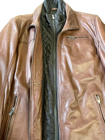 The Scully Leather Jacket Zip Collar 1021 by Scully features a brown exterior, gray quilted inner lining, zippered pockets, and a zip-up front closure for classic style and comfort.