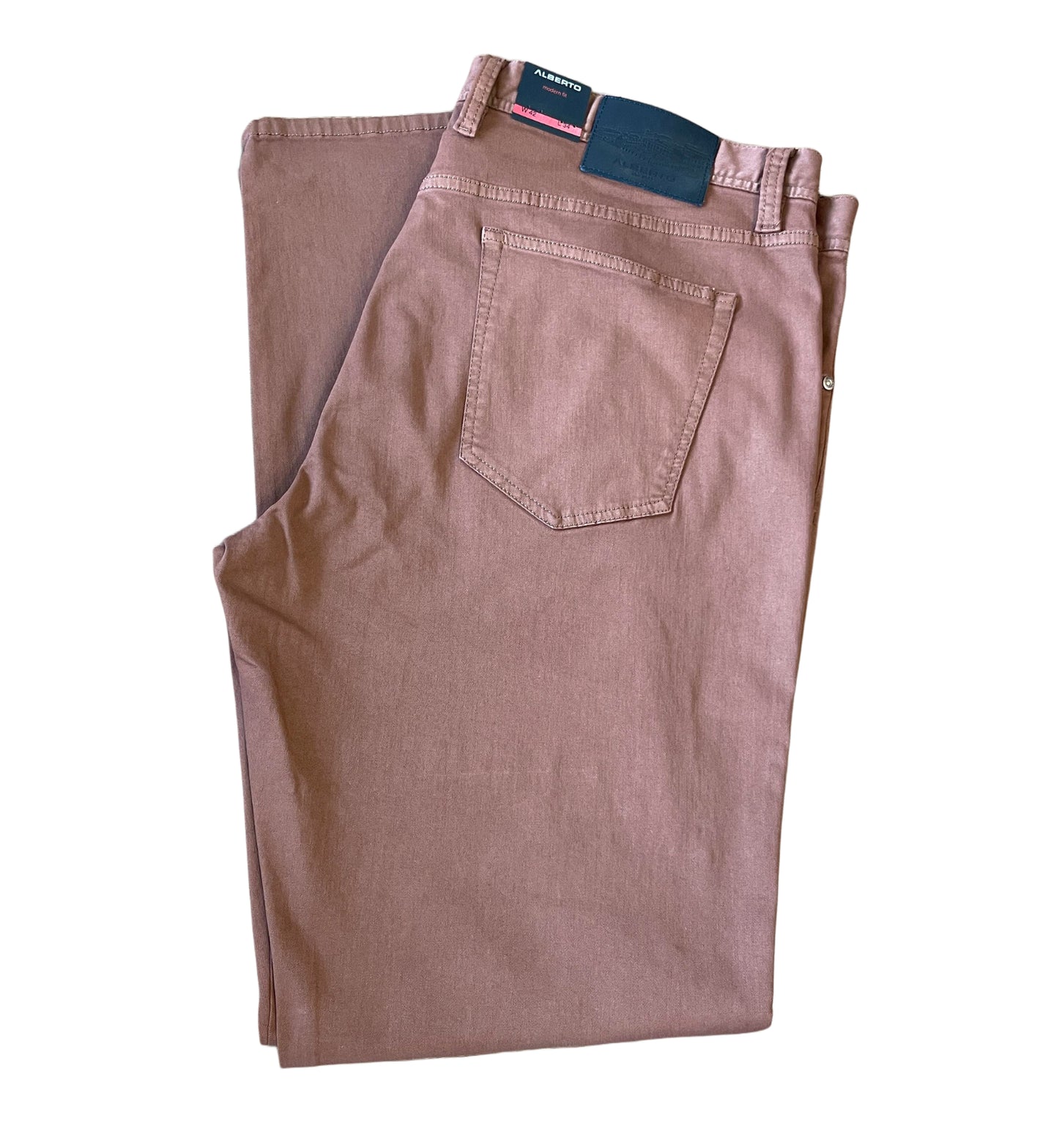 A folded pair of Alberto Jeans Pipe 1489 in brown stretch denim, featuring a visible back pocket and dark waistband label, crafted from premium denim by Alberto and displayed on a white background.