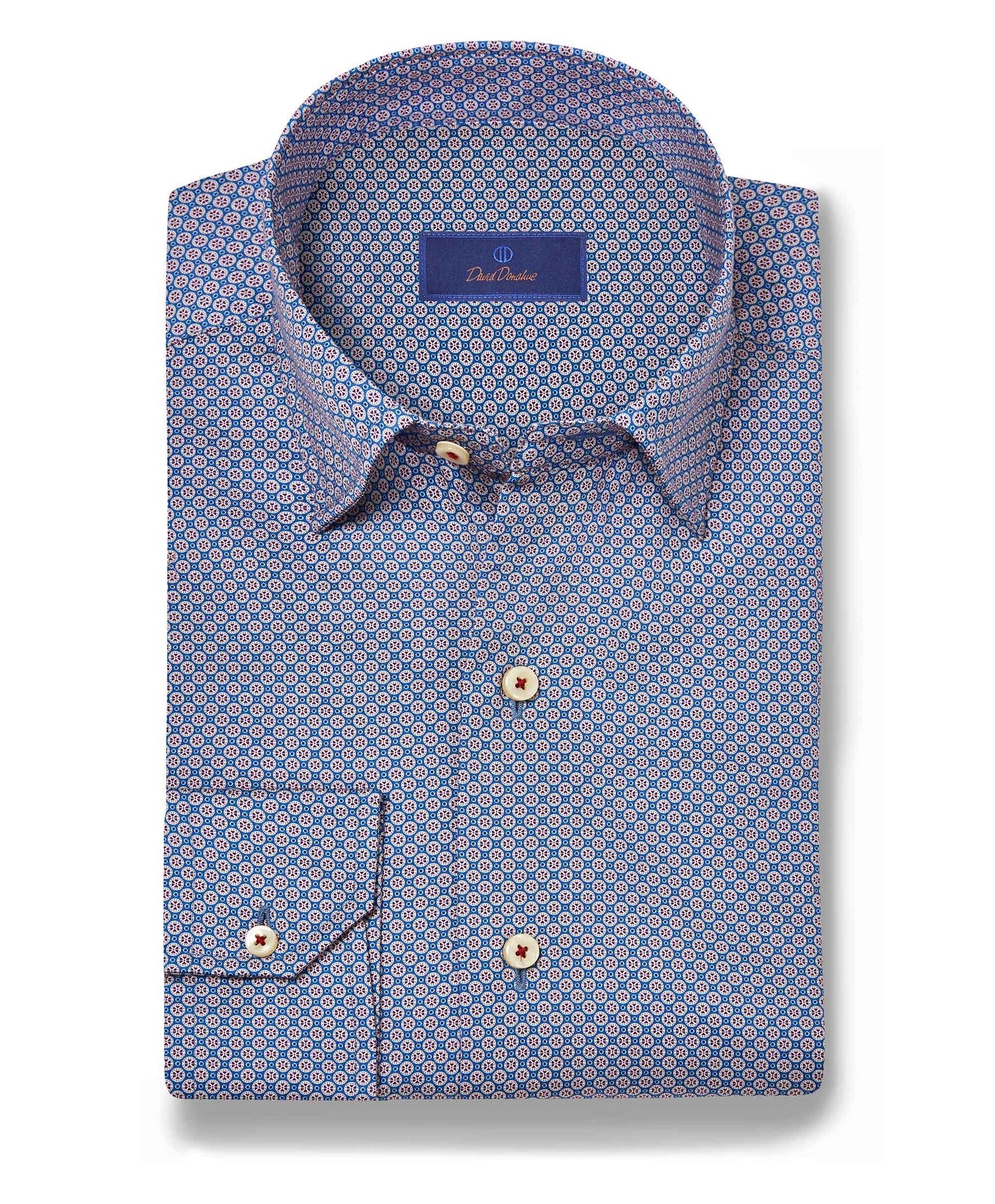 The David Donahue Tile Print Shirt (CHBD11208) features a blue geometric pattern with red accents, trim fit, buttoned cuffs and collar, and a blue brand label inside the collar.