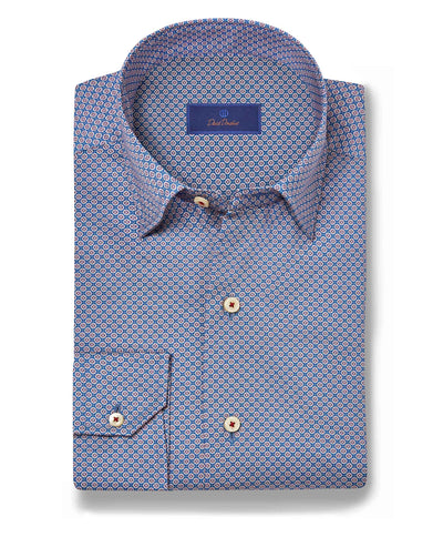 The David Donahue Tile Print Shirt (CHBD11208) features a blue geometric pattern with red accents, trim fit, buttoned cuffs and collar, and a blue brand label inside the collar.