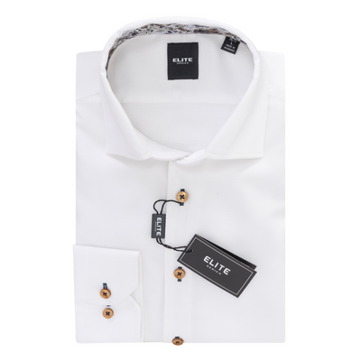 The Elite Textured White Sport Shirt ESP2559061, made from 100% cotton with brown buttons and Elite branding, is neatly folded and displayed against a white background.