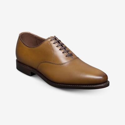 The Allen Edmonds Carlyle, a handcrafted leather oxford dress shoe by Allen Edmonds, features closed lacing, a dark sole with slight heel, and fine bench welt construction. Displayed against a white background.