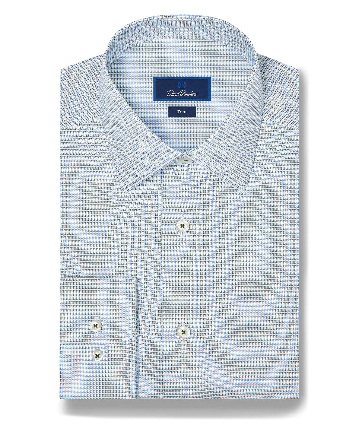 A neatly folded green and sky micro dobby dress shirt with a spread collar and white buttons, labeled David Donahue Green & Sky Micro Dobby Dress Shirt TBSP13002.