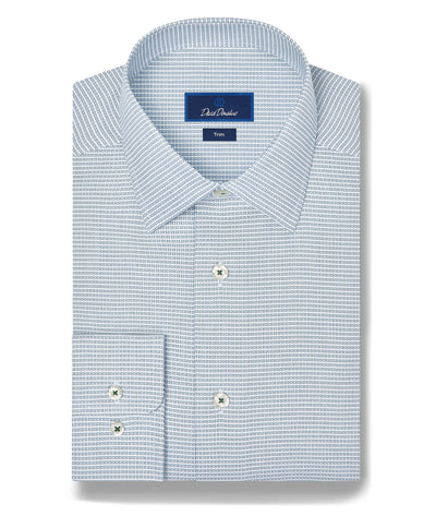 A neatly folded green and sky micro dobby dress shirt with a spread collar and white buttons, labeled David Donahue Green & Sky Micro Dobby Dress Shirt TBSP13002.