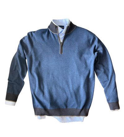 The F/X Fusion 1/4 Zip Sweater 10067 B&T by F/X Fusion in blue is shown layered over a light blue checkered dress shirt, displayed on a white background.