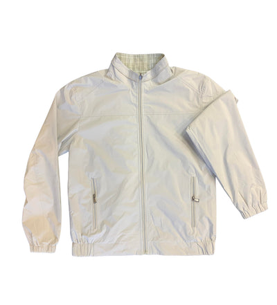 The Enzo Tulum Reversible Jacket by Enzo is a light gray, wrinkle-resistant zip-up with a stand collar, elastic cuffs, and two zippered pockets, shown with one sleeve folded over the front.