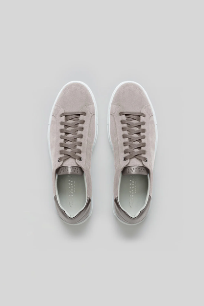 A pair of Robert Barakett Huberto Suede Sneakers in light grey with white soles, seen from above, laced up and placed side by side on a plain grey background.