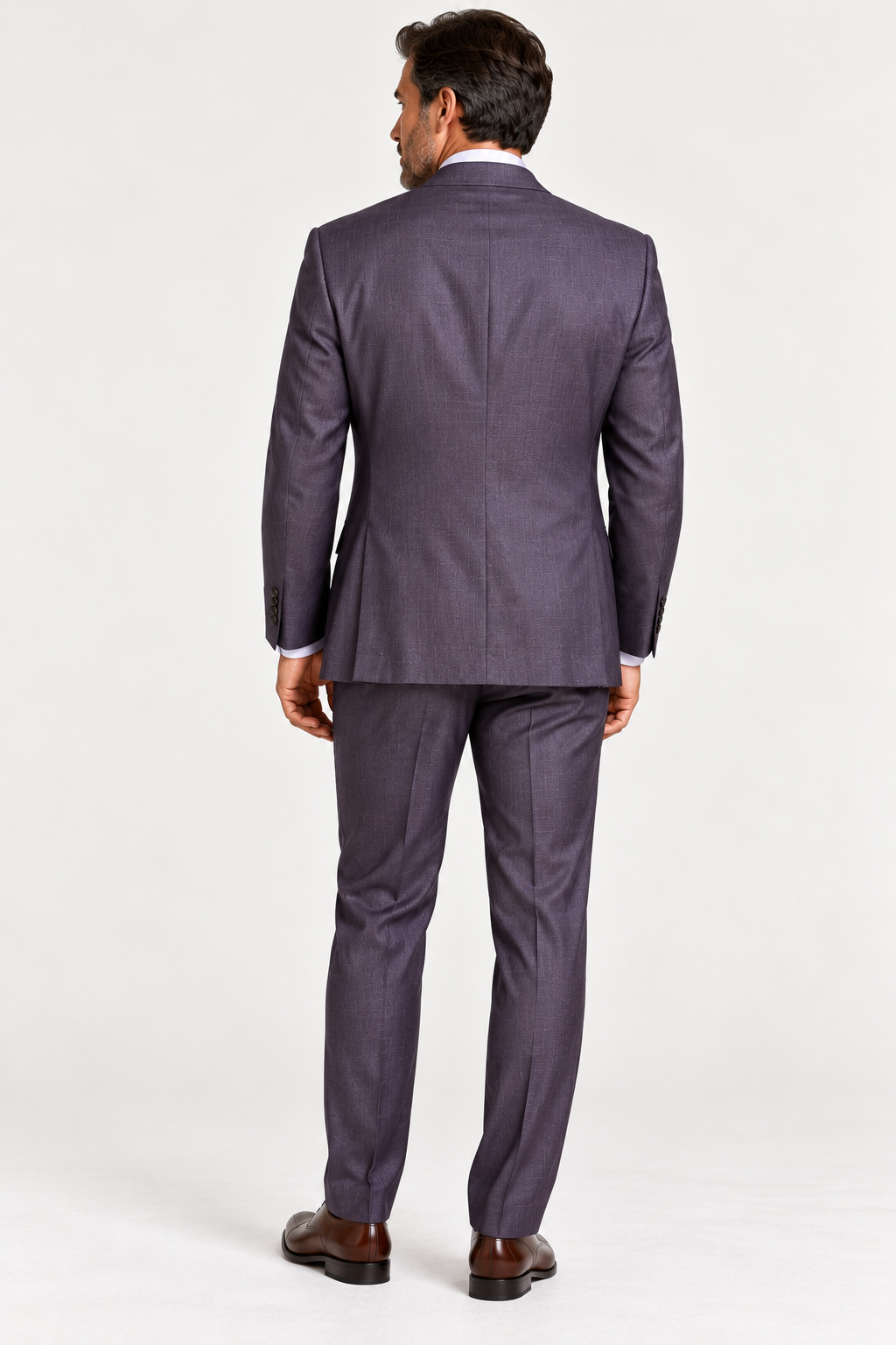 Back view of a man in a Jack Victor Napoli Suit Plum 3262603, wearing brown dress shoes.