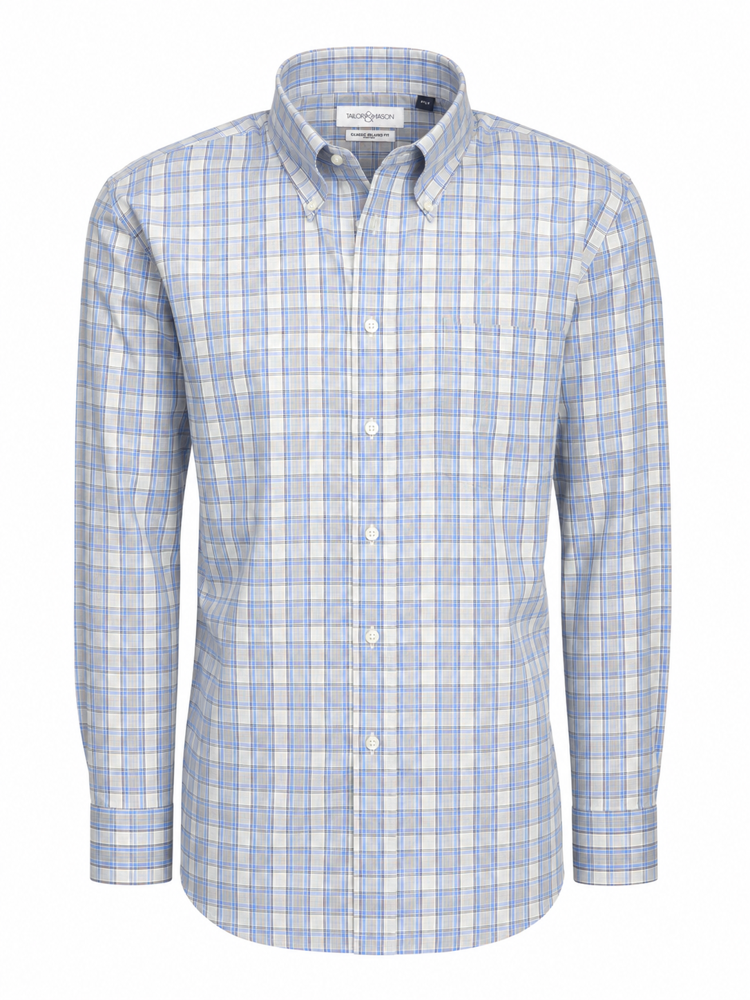 The Tailor & Mason T55-126T Long Sleeve Check Shirt from the Signature Collection features a stylish blue and beige plaid pattern, crafted from high-quality fabric. Designed with a button-down collar, front pocket, and classic white buttons, this shirt by Tailor & Mason is showcased against a plain white background—a perfect addition to any men’s shirt wardrobe.
