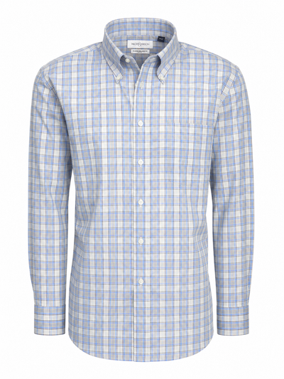 The Tailor & Mason T55-126T Long Sleeve Check Shirt from the Signature Collection features a stylish blue and beige plaid pattern, crafted from high-quality fabric. Designed with a button-down collar, front pocket, and classic white buttons, this shirt by Tailor & Mason is showcased against a plain white background—a perfect addition to any men’s shirt wardrobe.