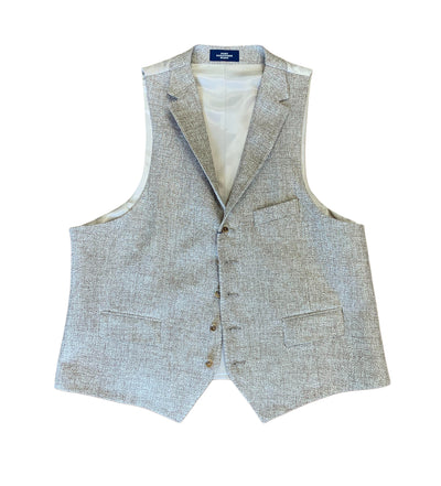 The Hart Schaffner Marx Vest N4O000 features a light grey textured linen-silk blend, tailored fit, three front pockets, button closure, and off-white lining by Hart Schaffner Marx, shown against a white background.