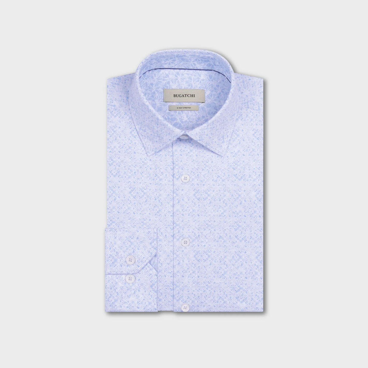 The Bugatchi OP Jimmy OoohCotton® Floral Shirt JF9635K61 is a light blue patterned performance shirt with a front pocket and buttoned cuffs, neatly folded and displayed on a plain white background.