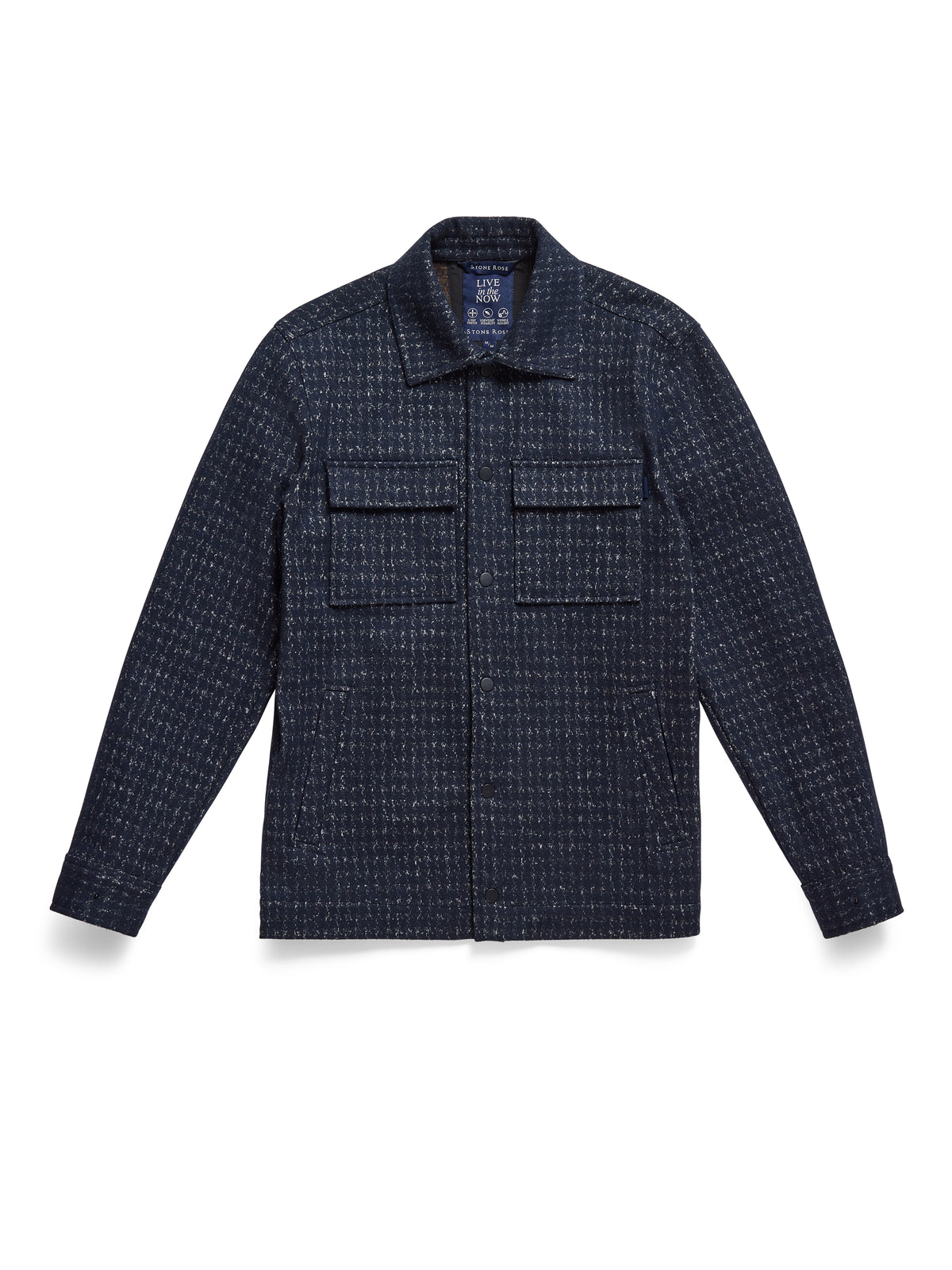 Stone Rose Hunter Knit Houndstooth Jacket: a dark blue long-sleeve button-up with a textured houndstooth pattern, two chest pockets, and a pointed collar.