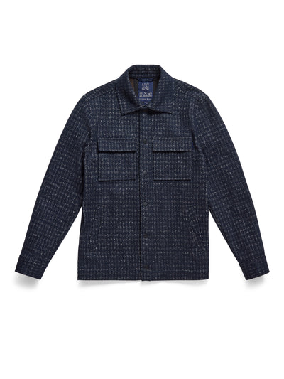 Stone Rose Hunter Knit Houndstooth Jacket: a dark blue long-sleeve button-up with a textured houndstooth pattern, two chest pockets, and a pointed collar.