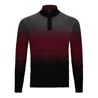 The F/X Fusion 1/4 Zip Mock 10065 B&T is a long-sleeve sweater with a high collar, featuring an ombre rib design in gray, red, and black from F/X Fusion.