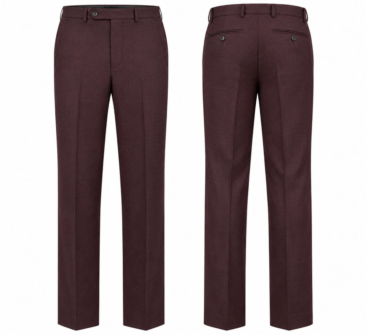Front and back view of dark burgundy Ballin SOHO M5919 Super 120′s Wool Seasonal Dress Pants, featuring a buttoned waistband and two back pockets.