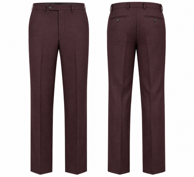 Front and back view of dark burgundy Ballin SOHO M5919 Super 120′s Wool Seasonal Dress Pants, featuring a buttoned waistband and two back pockets.