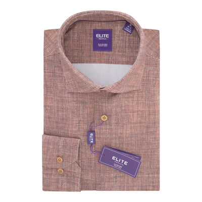 Folded Serica Elite Textured Print Sport Shirt EX2674150 in brown, featuring a textured pattern, long sleeves, and wooden buttons. Tagged “Elite,” this classic men’s sport shirt is crafted from non-iron cotton for all-day comfort and easy care, and is displayed on a white background.