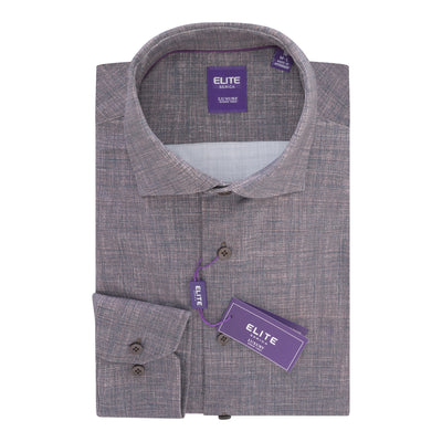 Folded Serica Elite Textured Print Sport Shirt EX2674150 long-sleeve men’s button-up in heathered gray with tags attached, featuring a purple Elite brand label and a classic collar style. This sport shirt blends comfort and sophistication, making it a versatile addition to any wardrobe.