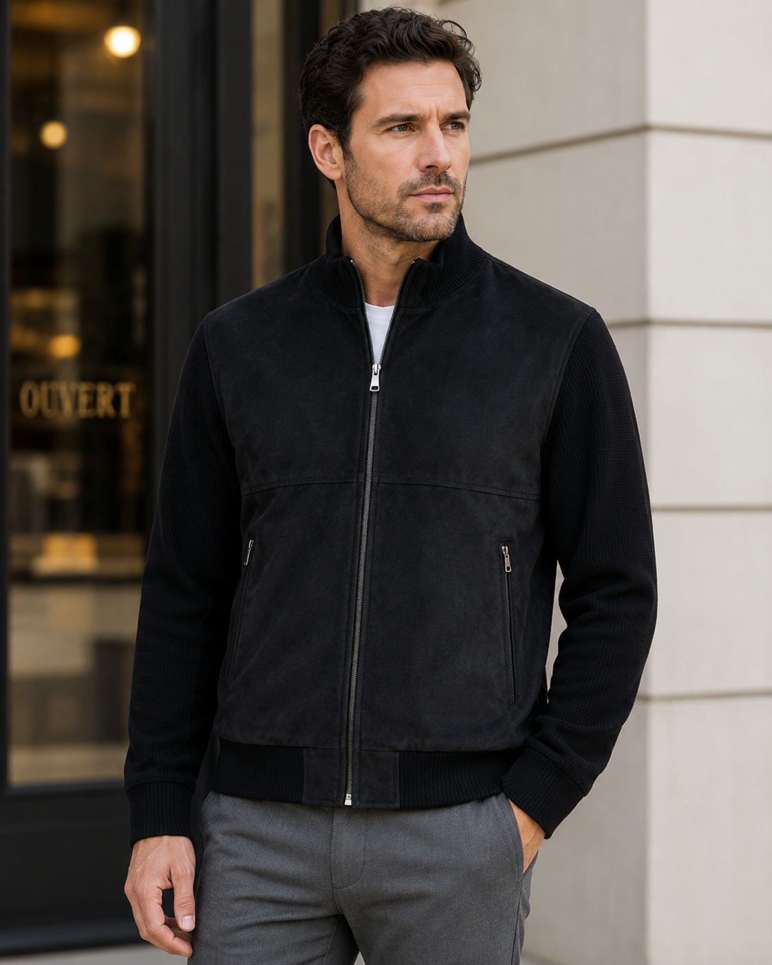 A man wearing the Enzo Hugo Faux Suede Jacket by Enzo over a wrinkle-resistant cotton shirt and gray pants stands outside a building with a glass door and stone walls, looking off to the side.