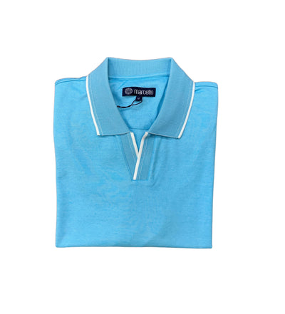 A folded Marcello Polo P-229 in light blue royal oxford, featuring a collar, white trim, and an inside Marcello label.