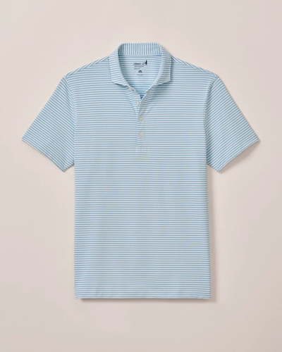 The Johnnie-O Performance Polo- Stetsons by Johnnie-O is a light blue and white striped, lightweight jersey polo shirt with a collar and three buttons, offering UPF 50 sun protection for all-day comfort and style.